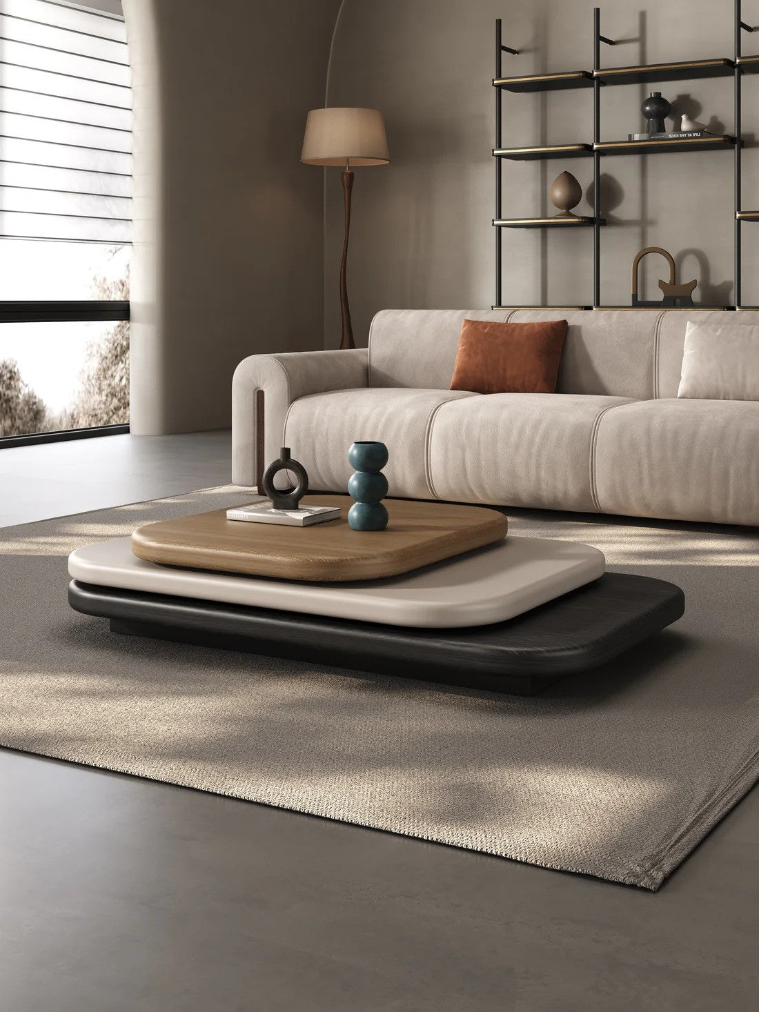 Orbit Japanese Lowline Style Designer 3-Layer Swivel Wooden Coffee Table