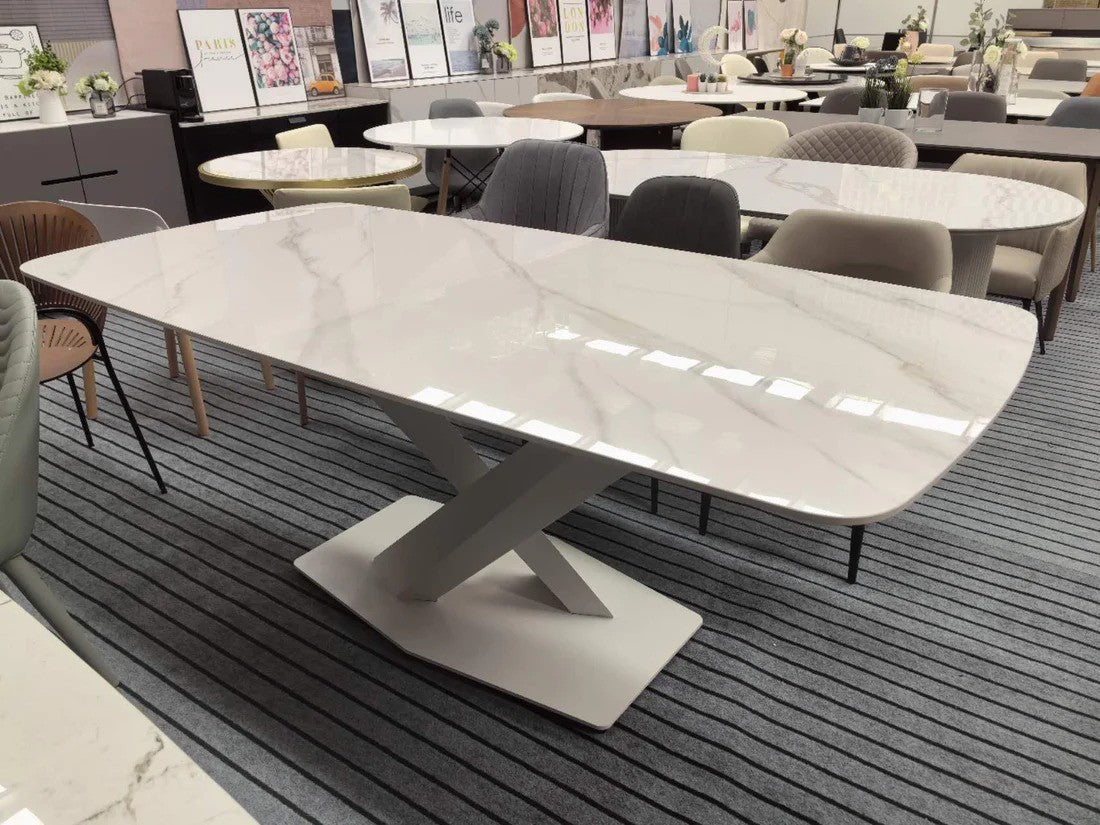 LEONIDA White Crossed Base High-End Stone Top Dining Table Rectangular 1.8-2.2m