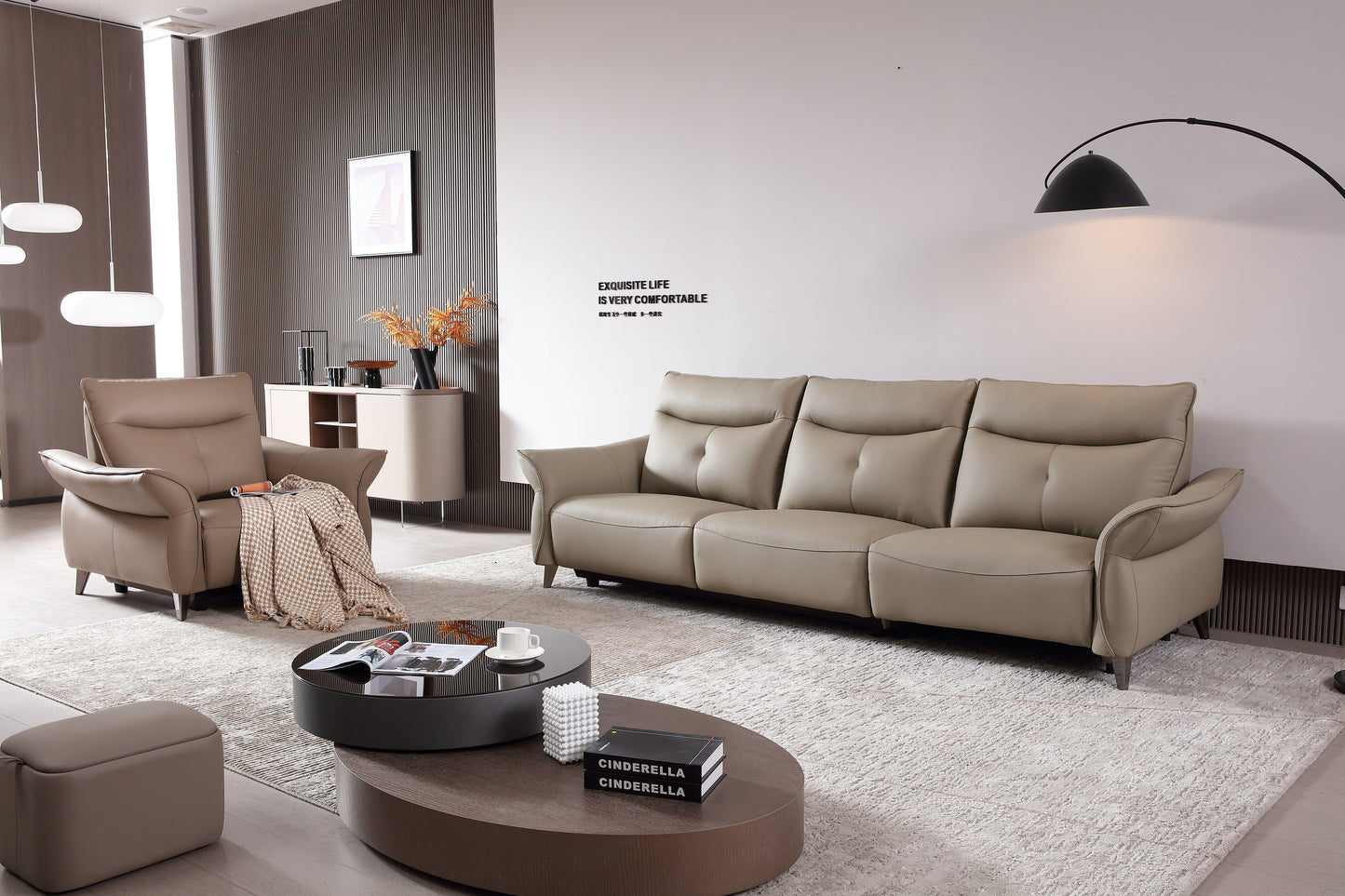 LORELEI Elephant Grey Genuine Leather Three Seat Sofa With Left Hand Side Electric Recliner Electric Sofa Lounge 2.78m