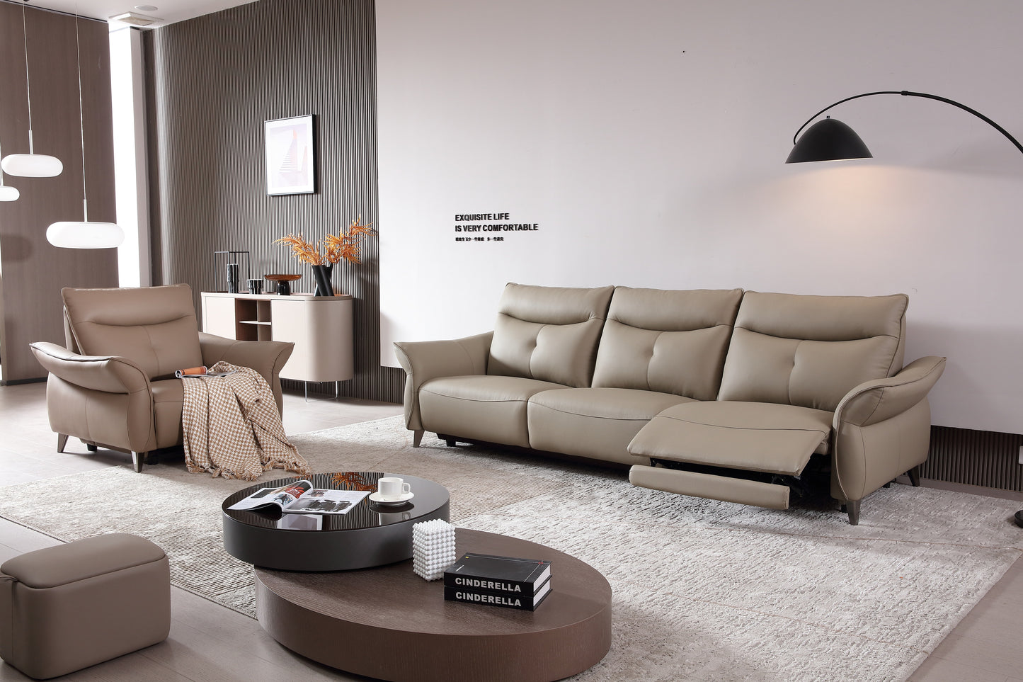 LORELEI Elephant Grey Genuine Leather Three Seat Sofa With Left Hand Side Electric Recliner Electric Sofa Lounge 2.78m