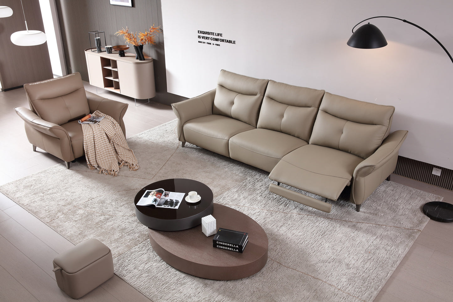 LORELEI Elephant Grey Genuine Leather Three Seat Sofa With Left Hand Side Electric Recliner Electric Sofa Lounge 2.78m