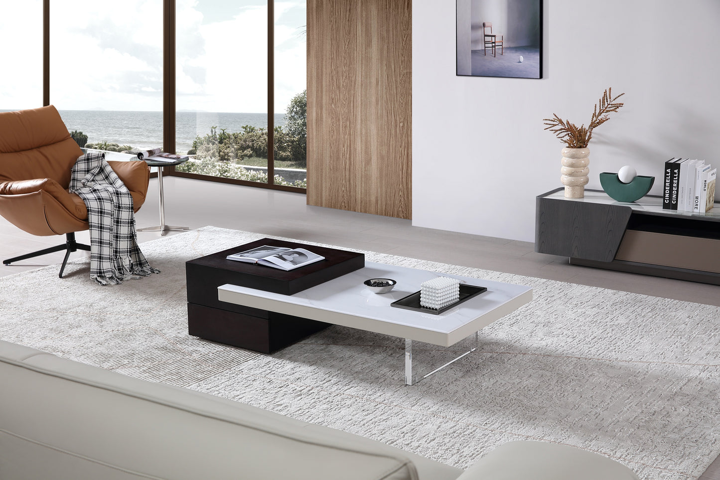 OTTAVIO Designer Black and White Color Slate Top Coffee Table With Transparent Legs and Metal Fruit Tray