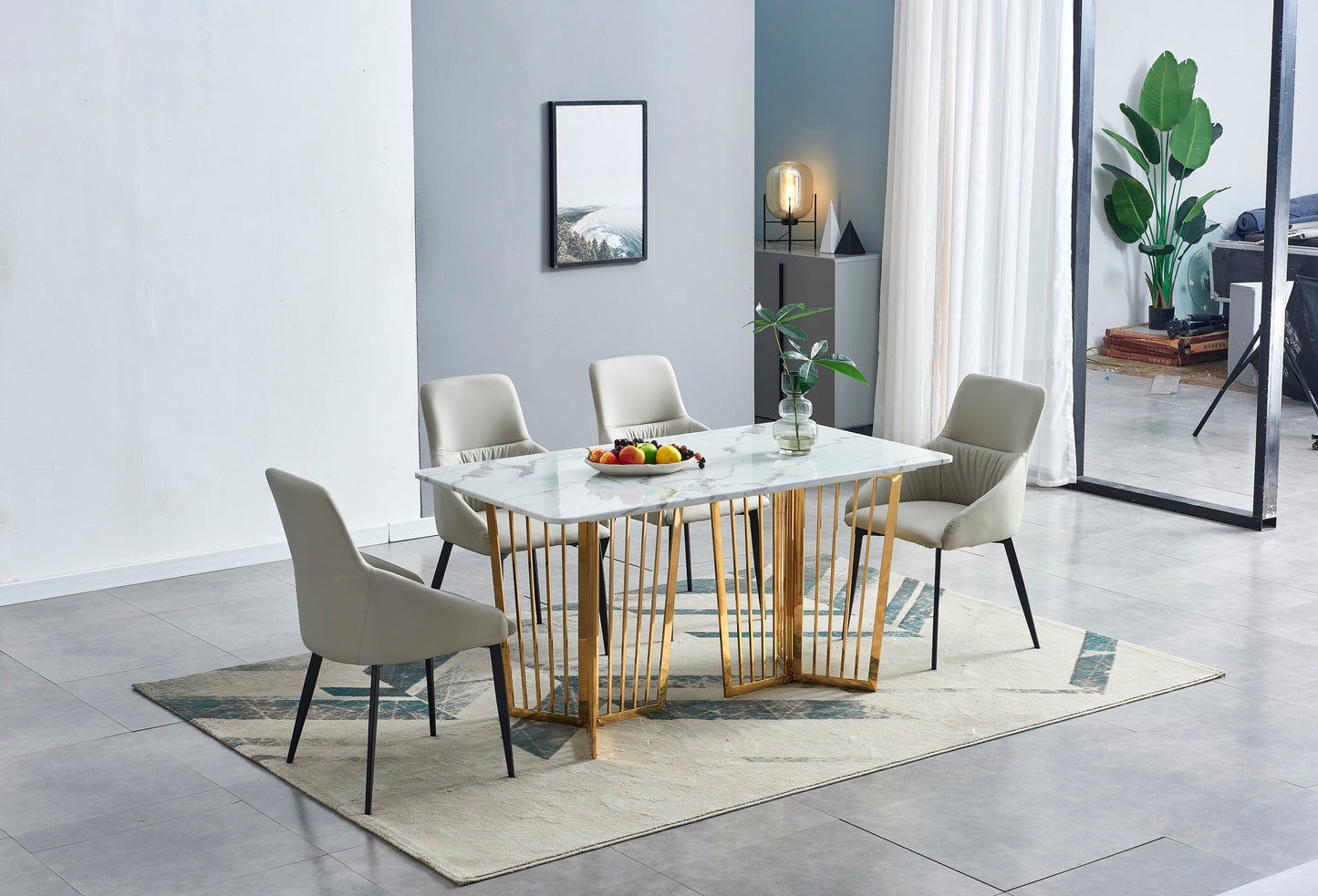 Rectangular Marble Stone Top Dining Table Golden High Gloss Base Frame 1.5m/1.8m