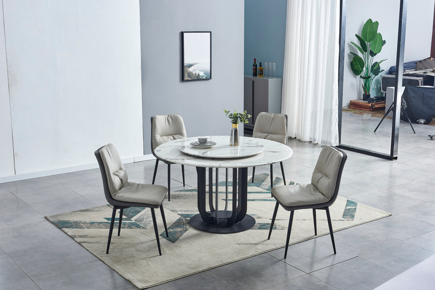Caio Marble Top Round Dining Table Tith Steel Base Frame With Lazy Susan 1.3m