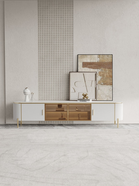 LUCAS Modern TV Unit TV Stand White Sintered Stone Top With Golden Color Legs