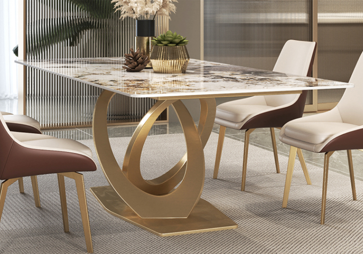 Coeus Rectangular Sintered Stone Top Dining Table Golden Color Steel Leg 1.8m-2m