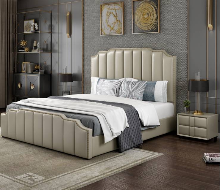Roberto Italian Style Grey Color Luxury Leather Bed Frame Steel Legs Queen/King