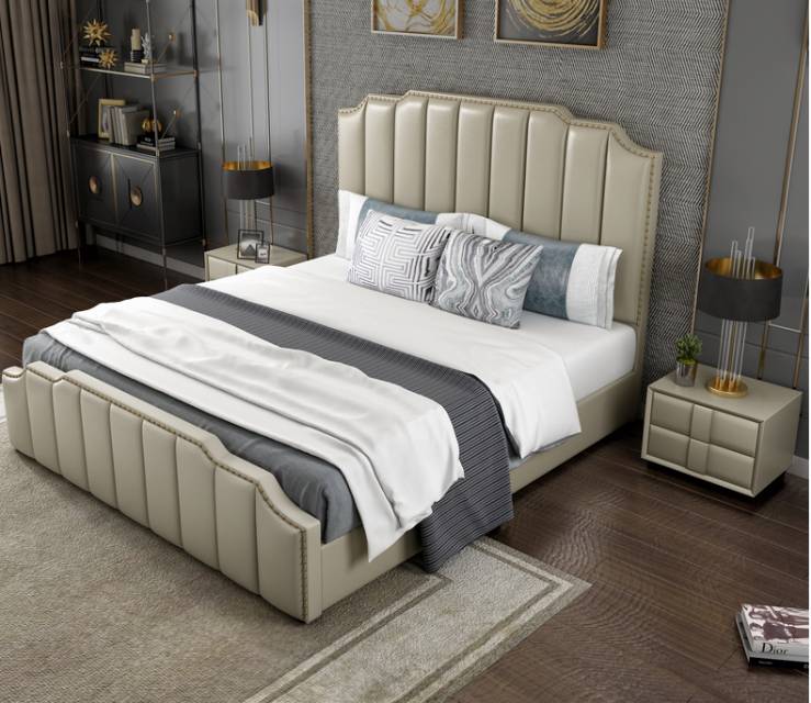 Roberto Italian Style Grey Color Luxury Leather Bed Frame Steel Legs Queen/King