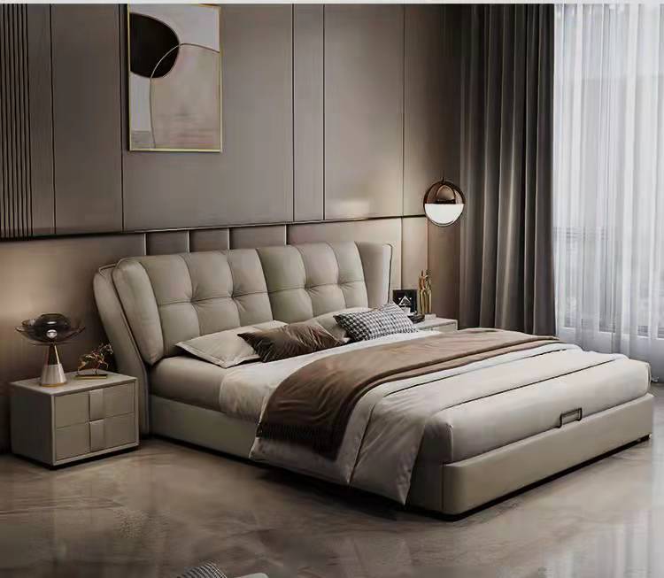REMY Luxurious Leather Bed Frame Solid Timber Light Grey Colour Queen/King