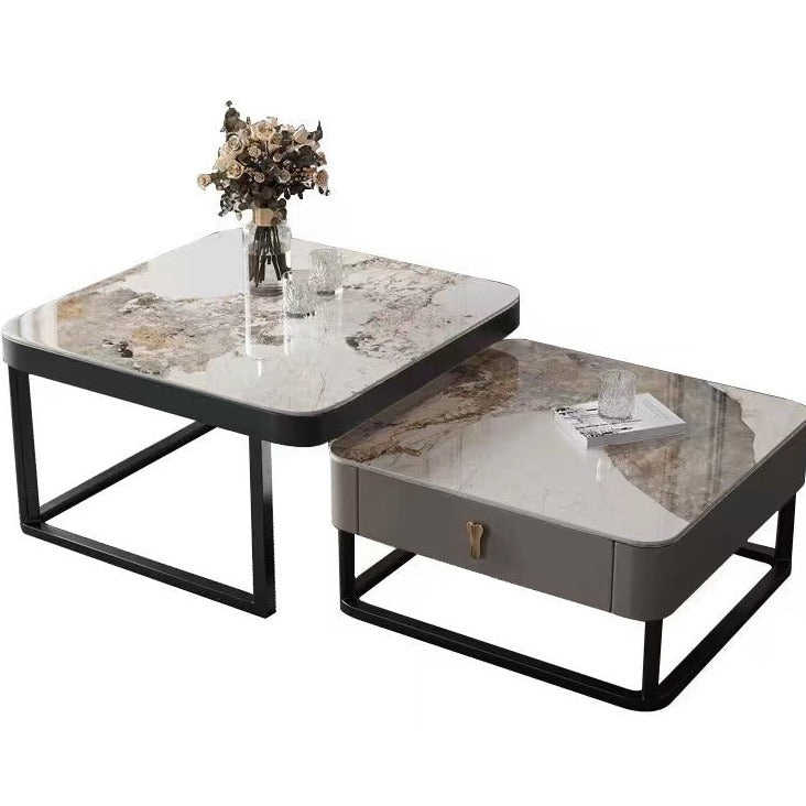 Daniel Sintered Stone Top 2PC Coffee Table Set With Storage Drawer Steel Frame