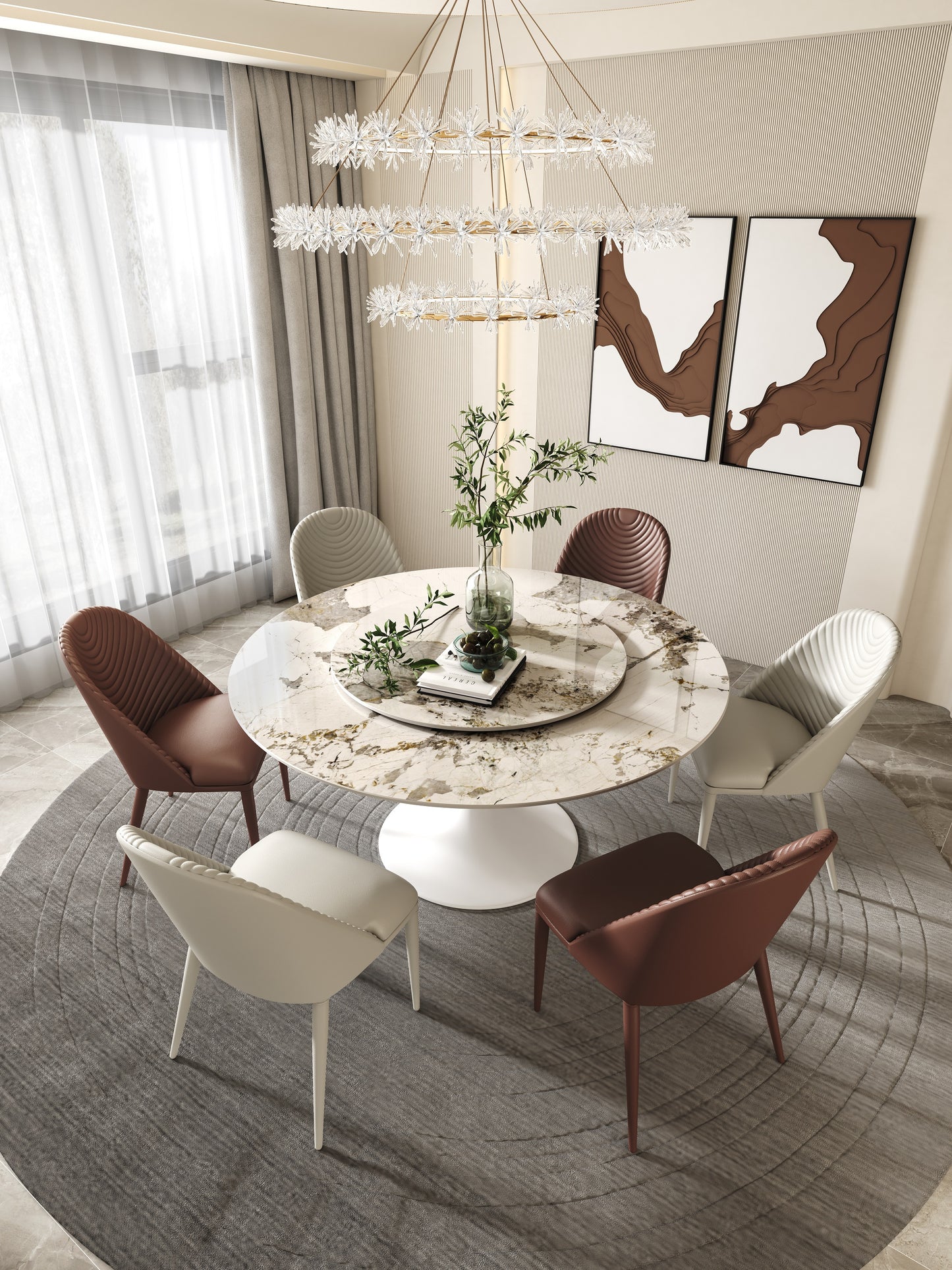 Pandora Pattern Luxury Round Dining Table Sintered Stone Top With Lazy Susan