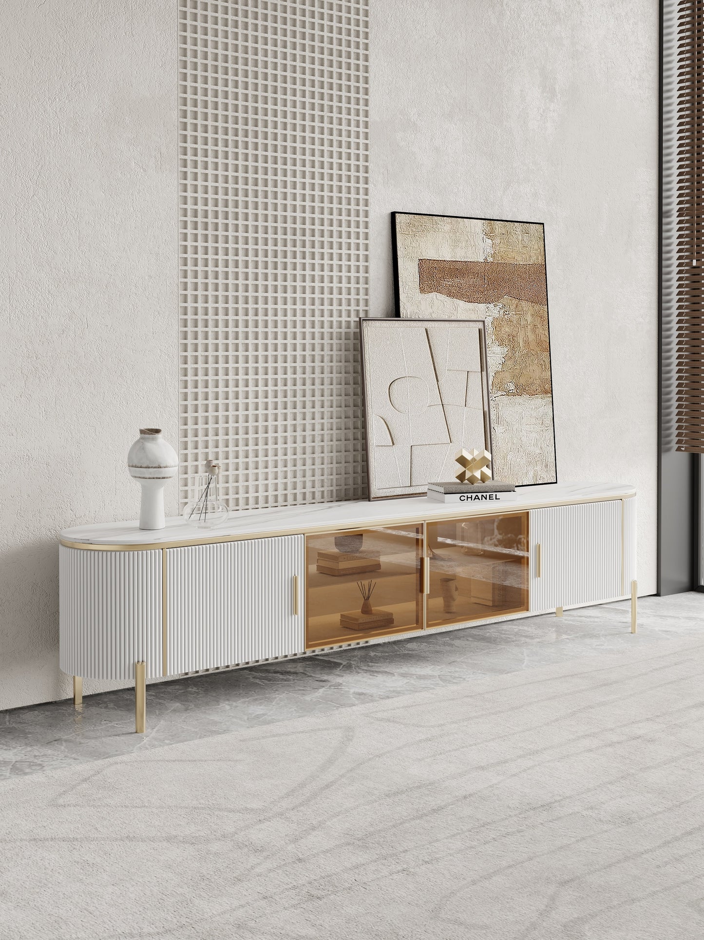 LUCAS Modern TV Unit TV Stand White Sintered Stone Top With Golden Color Legs