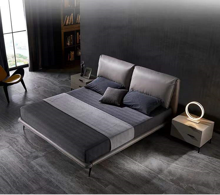 Euro Style Luxurious Premium Calf Leather Bed Frame With Carbon Steel legs Dark Grey King Queen