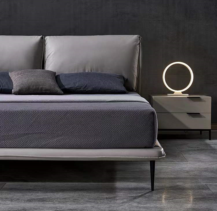 Euro Style Luxurious Premium Calf Leather Bed Frame With Carbon Steel legs Dark Grey King Queen