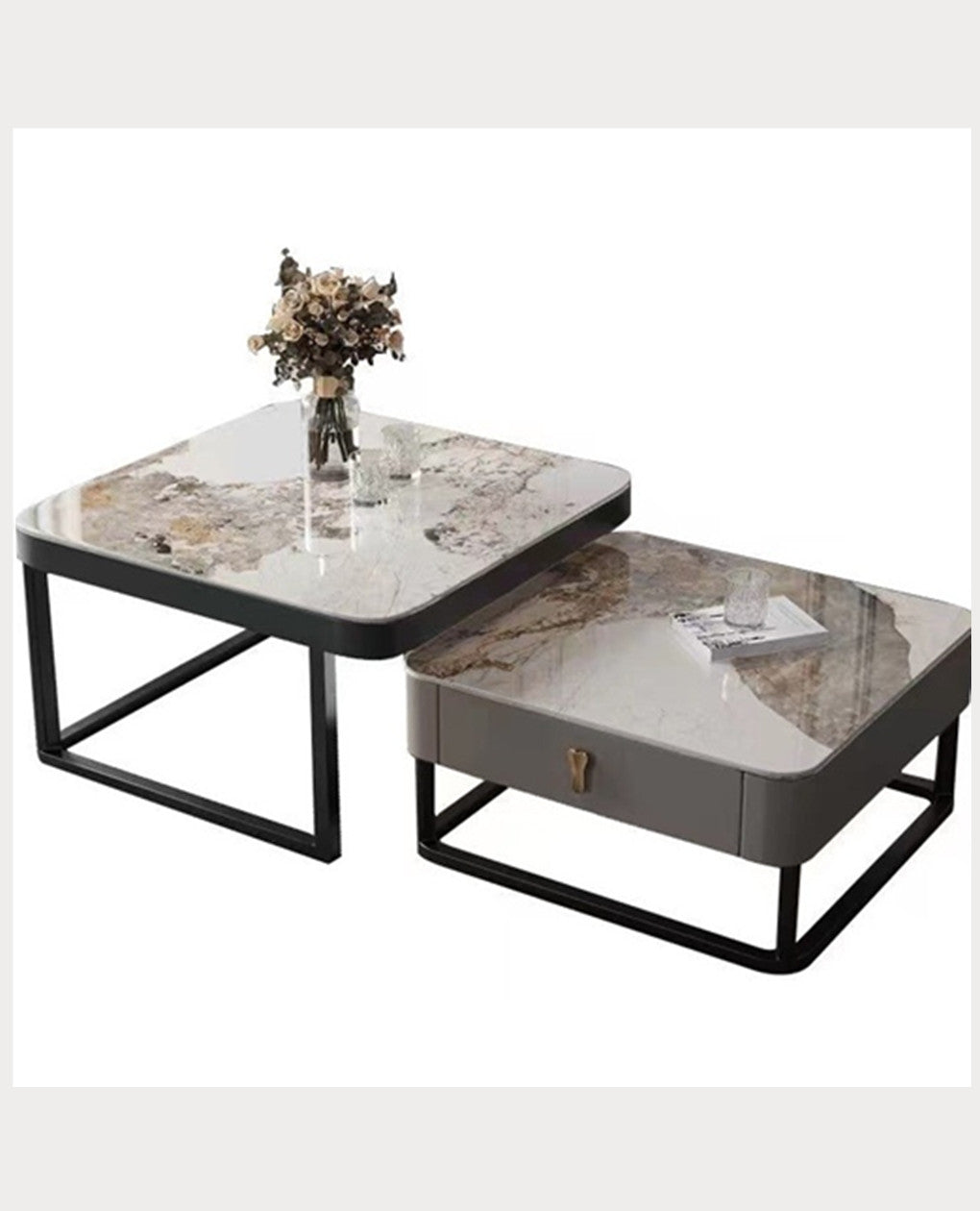 Daniel Sintered Stone Top 2PC Coffee Table Set With Storage Drawer Steel Frame