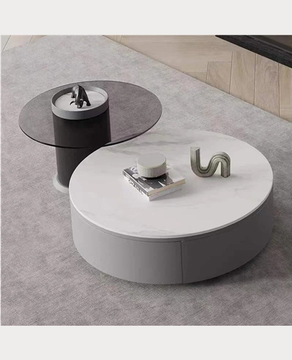 ROSIE Matte White Sintered Stone Top 2PC Round Coffee Table Set With Pine Wood Drawer Cabinet